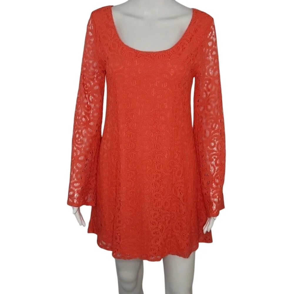 Umgee Orange Lace Long Bell Sleeve Dress‎